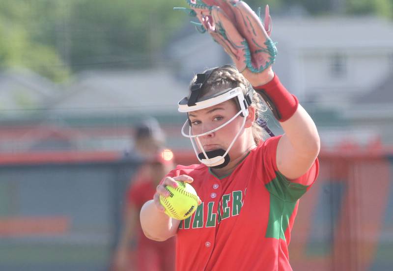 La Salle-Peru pitcher Taylor Vescogni fires a pitch to Streator during the Class 3A Pontiac Regional semifinal game Tuesday, May 27, 2025, at Pontiac High School.