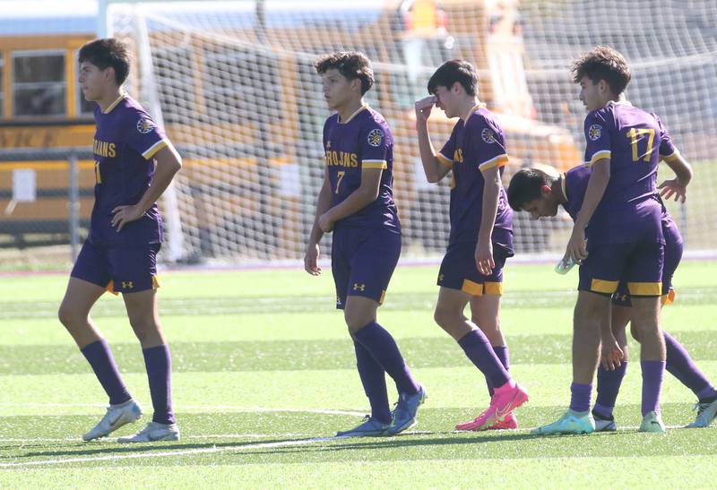 Members of the Mendota soccer team react after loosing in tiebreaker kicks to Quincy Notre Dame during the Class 1A Sectional semifinal game on Saturday, Oct. 21, 2023 at Illinois Valley Central High School in Chillicothe.