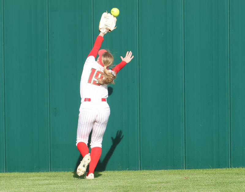 The ball goes over the head of L-P's Lydia Steinbach on Wednesday, April 29, 2026 at the L-P Athletic Complex in La Salle.