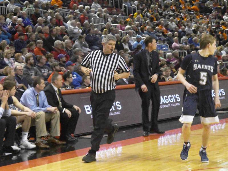 Tyler Vogt referees a game at the boys state basketball tournament in 2018. Vogt, a Forreston resident, has been named to the Illinois Basketball Coaches Association Hall of Fame.