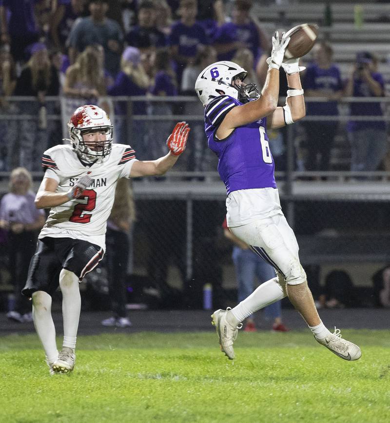 Dixon’s Logan Mershon hauls in a pass to set up the Dukes for a TD against Stillman Valley Friday, Oct. 3, 2025.