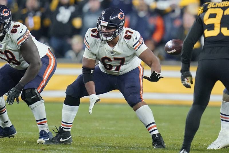 Chicago Bears center Sam Mustipher plays against the Pittsburgh Steelers, Monday, Nov. 8, 2021, in Pittsburgh.