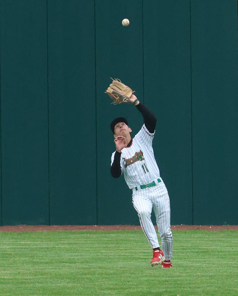 L-P's Nick Salazar makes a catch in center field on Thursday, April 30, 2026 at Huby Sarver Field in the L-P Athletic Complex in La Salle.