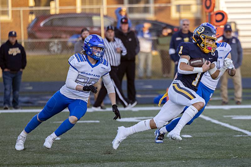 Sterling’s Joseph Holcomb runs the ball against St. Francis Saturday, Nov. 4, 2023 in a class 5A playoff game in Sterling.