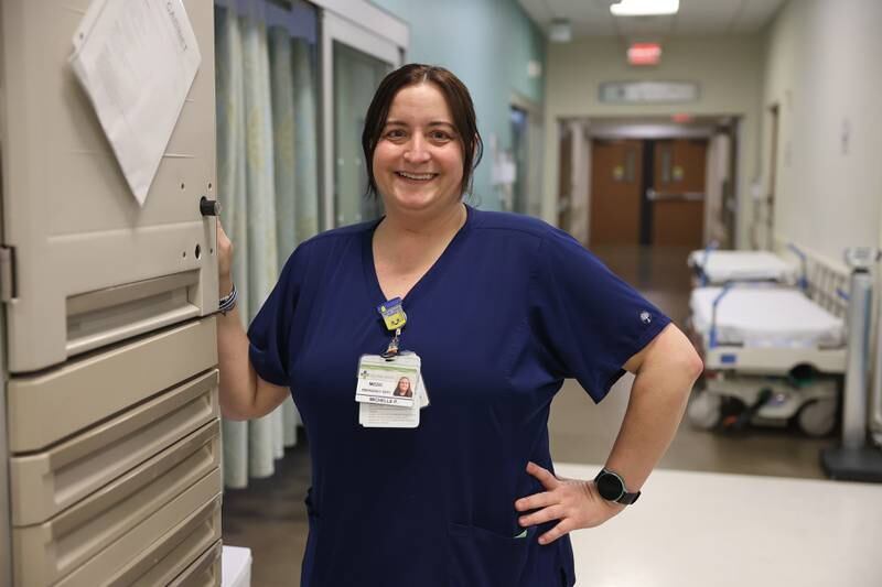 Michelle Prosser, a paramedic, poses for a photo at the Silver Cross Emergency Department on Thursday, April 18, 2024 in New Lenox.