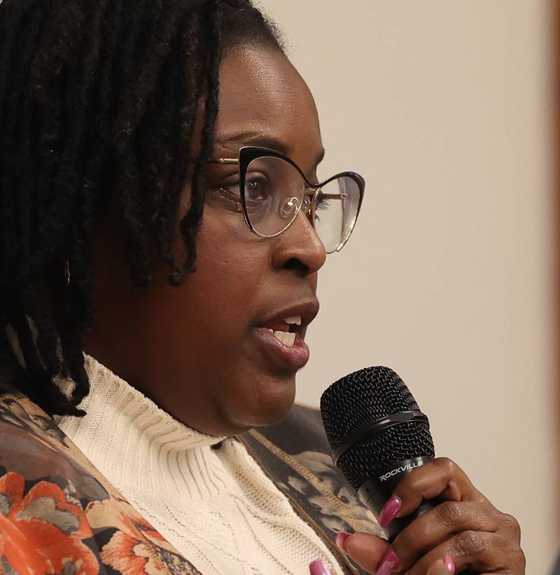 Joliet mayor candidate Tycee Bell answers a question at a forum for the candidates at the Joliet Public Library on Tuesday, March 28th, 2023 in Joliet.
