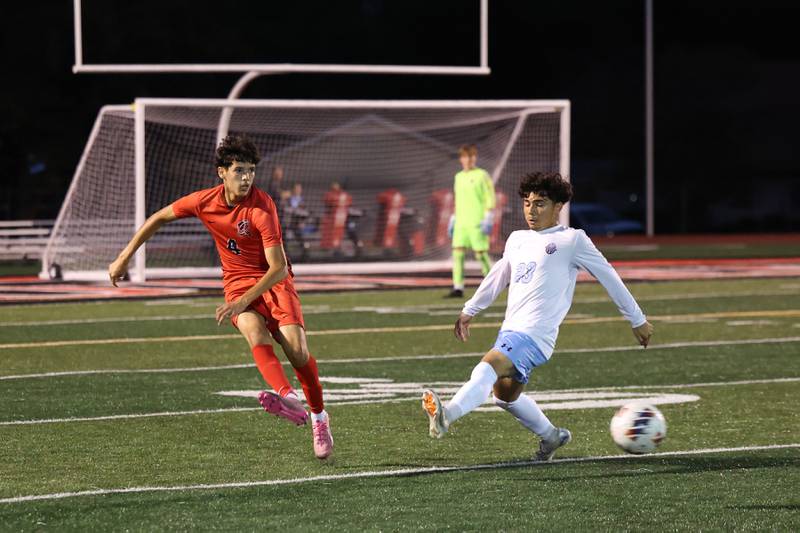 Bradley-Bourbonnais' Antony Martinez clears the ball past Kankakee's Dylan Tapia Ayala during the Boilermakers' 1-0 victory over Kankakee in the All-City matchup on Tuesday, Sept. 9, 2025.