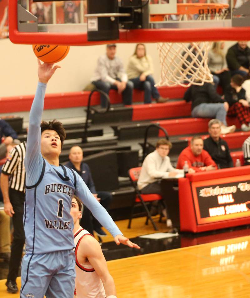 Bureau Valley's Carter Chhim runs in for a layup against Hall on Wednesday, Jan. 28, 2026 at Hall High School.