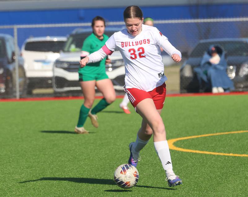 Streator's Katherine Bressner chases after the ball while playing L-P on Friday, March 27, 2026 at the L-P athletic complex in La Salle.