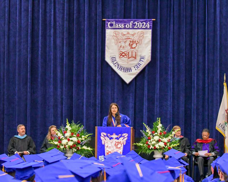 Emily Puchalski the Student Council Executive President addresses the graduating class at Glenbard South High School during graduation held on Thursday May 23, 2024.