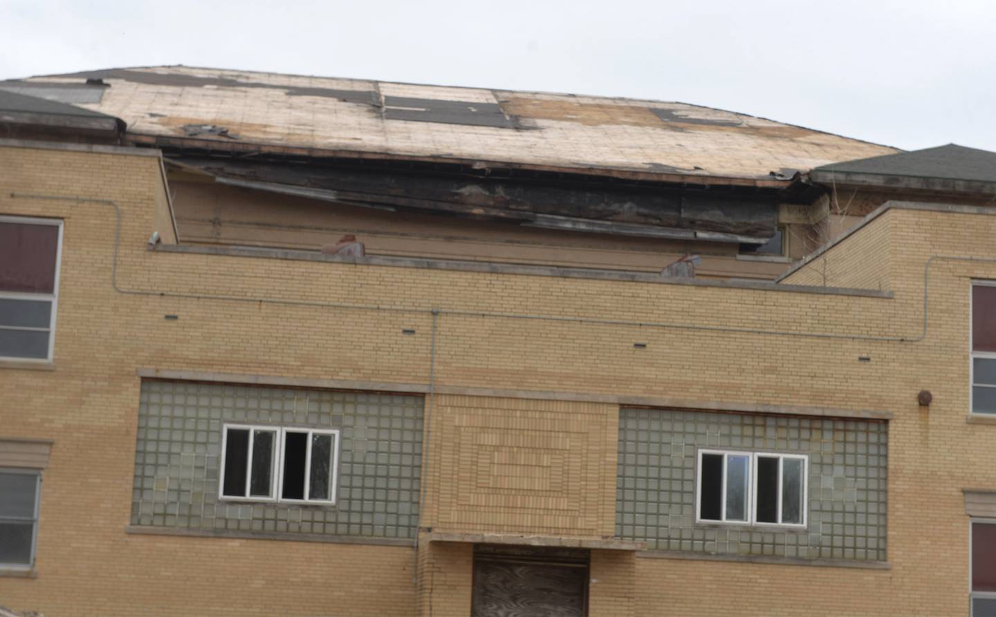The sagging roof of the old Congress School can be on the north side of the structure in this photo taken Tuesday, March 18, 2025. The Polo City Council voted unanimously March 12 to demolish the building located at 208 N. Congress Ave., citing potential liability issues and a public safety risk.