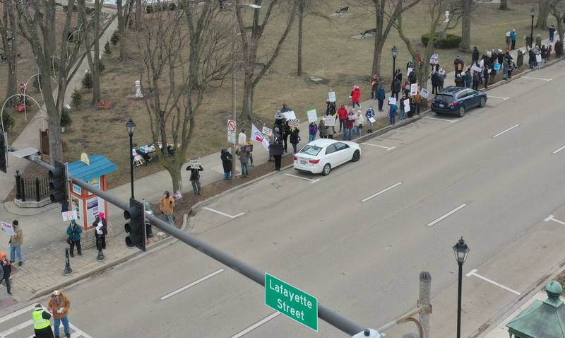 An aerial view of protesters during a "ICE Out For Good" rally on Sunday, Jan. 11, 2026 at Washington Park in Ottawa. Illinois Valley Indivisible held the rally. Protesters rallied in solidarity with Renee Nicole Good, the woman who was shot and killed by an ICE agent in Minneapolis on Wednesday.