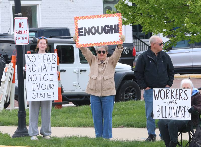 Protesters gather for the Workers Over Billionaires rally on Friday, May 1, 2026 at Rotary Park in Princeton.