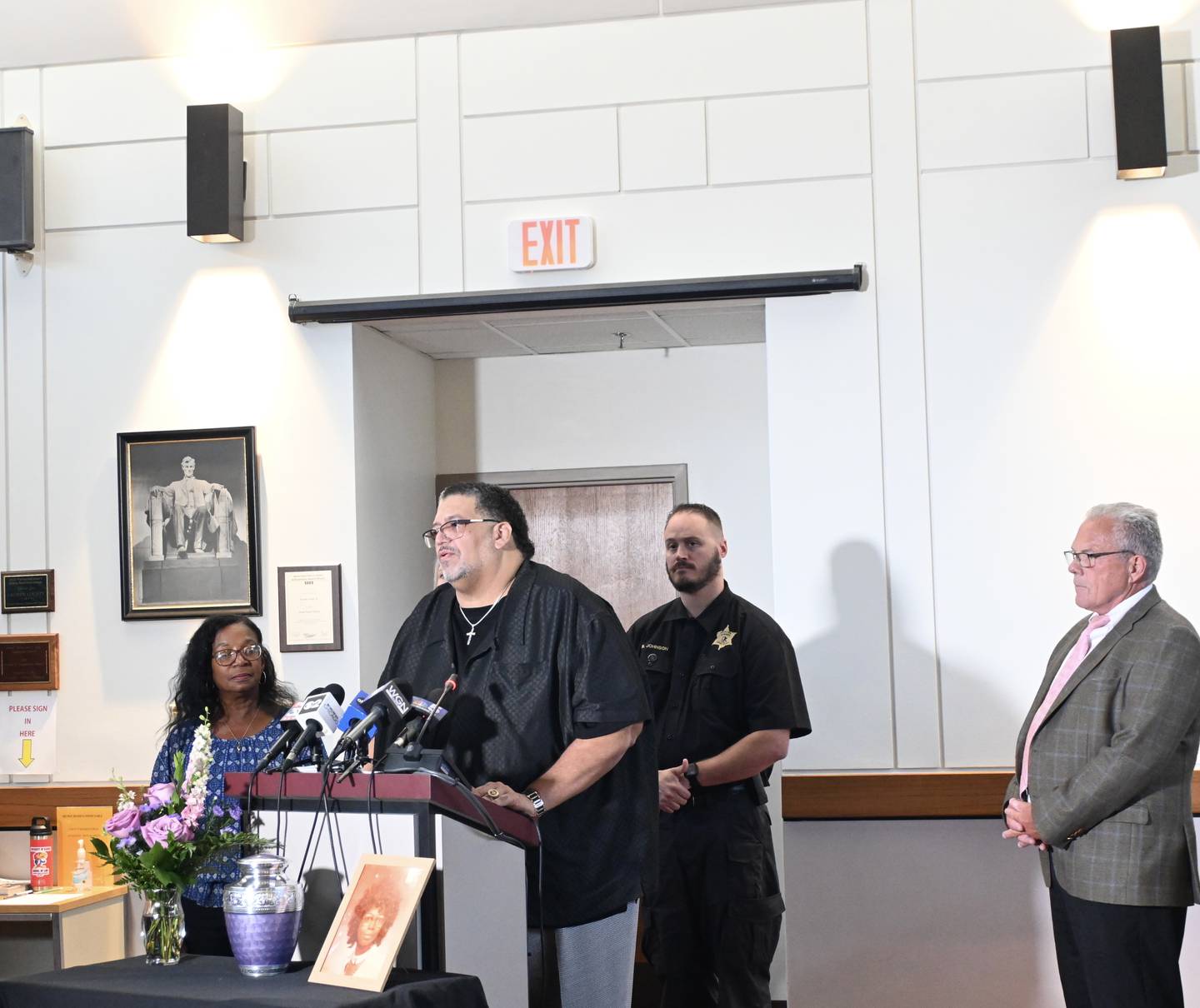 Ronnie Smith, JoAnn "Vicky" Smith's brother, speaks during Thursday's press conference at Grundy County Administration Building in Morris.