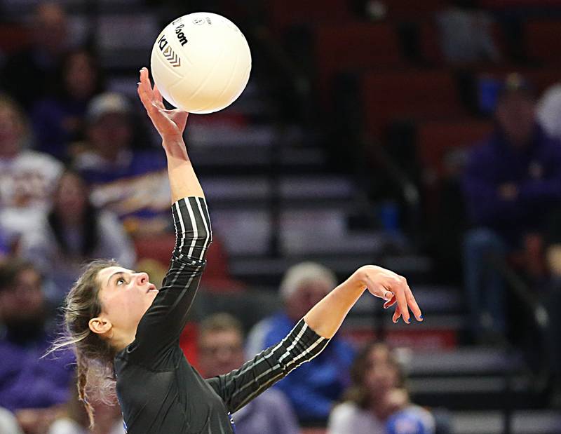 St. Francis's Brooke Everett hits the ball over to Joliet Catholic in the Class 3A semifinal game on Friday, Nov. 11, 2022 at Redbird Arena in Normal.