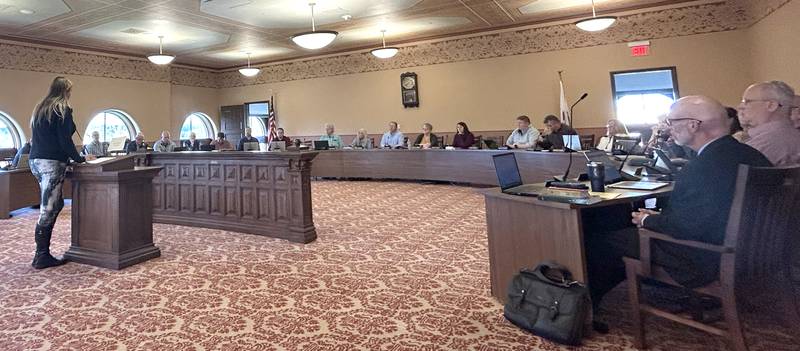 Jodie Wiederkehr (left) spoke to the Ogle County Board on April 15, 2025 during the board's public comment period.