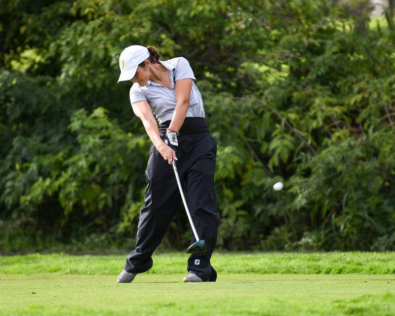 Neuqua Valley Meadow Rolence tees off during the reginal match held on Thursday Sep. 28, 2023, at Whitetail Ridge in Yorkville.
