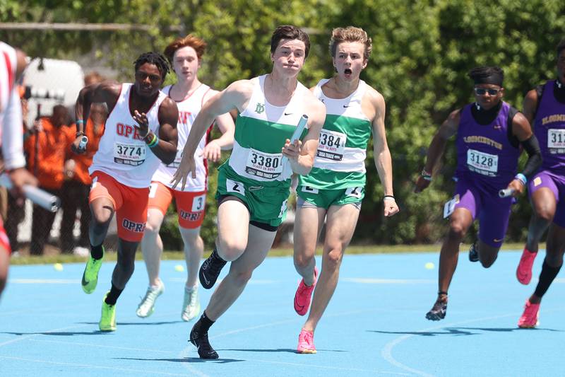 York’s Leo Glennon takes the baton on the last stretch of the Class 3A 4x100 Relay State Finals on Saturday, May 27, 2023 in Charleston.