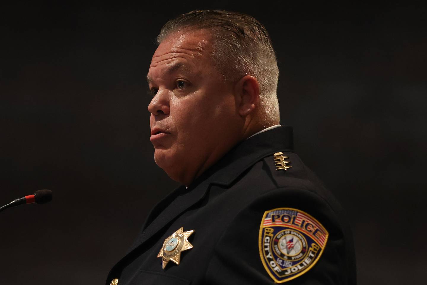Joliet Police Chief William Evans shares a few words after being officially introduced as the new Joliet Police Chief at the Joliet City Council meeting.  Tuesday, March 1, 2022, in Joliet.