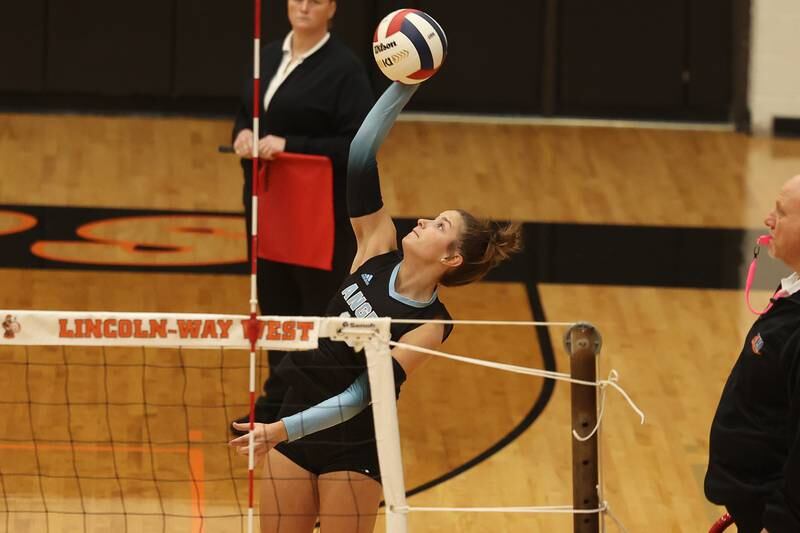 Joliet Catholic’s Ellie Blotnik hit a shot against Plainfield South in the Class 4A Lincoln-Way West Regional semifinal on Tuesday, Oct. 29, 2024 in New Lenox.