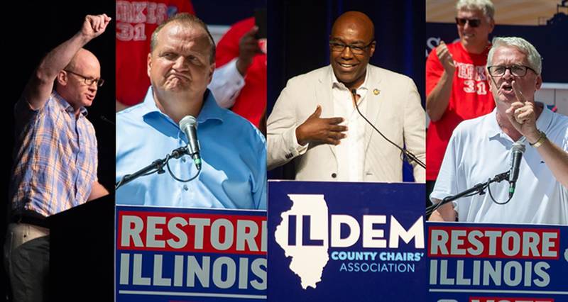 Pictured from left to right are Senate President Don Harmon, D-Oak Park, Republican attorney general candidate Thomas DeVore, Democratic Attorney General Kwame Raoul and House Minority Leader Jim Durkin, R-Western Springs. (Capitol News Illinois photos by Jerry Nowicki)