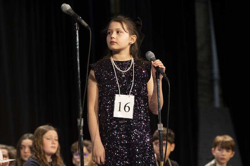 Washington 5th grader Aurora Cervantes competes Thursday, Feb. 21, 2024 at the Lee-Ogle-Whiteside regional spelling bee. Cervantes missed on the word “avarice” in round four.