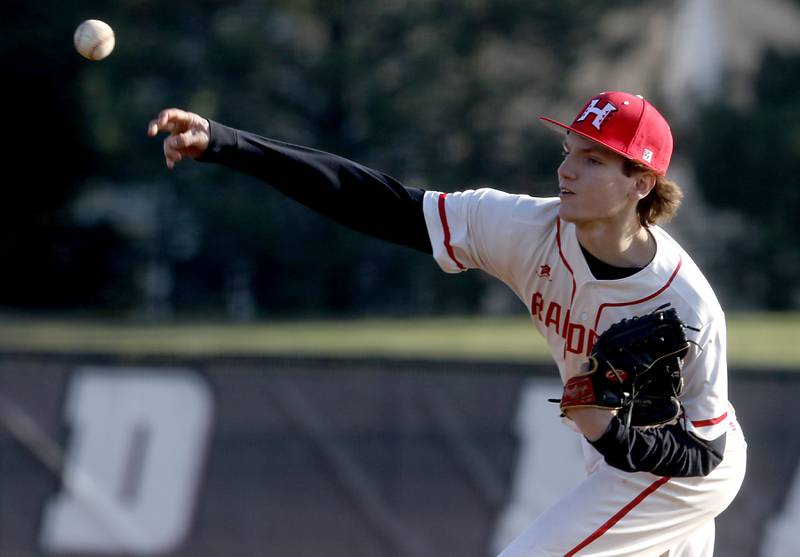 Huntley's Benjamin Anton throws a pitch during a Fox Valley Conference baseball game against McHenry on Friday, April 11, 2025, at Huntley High School.