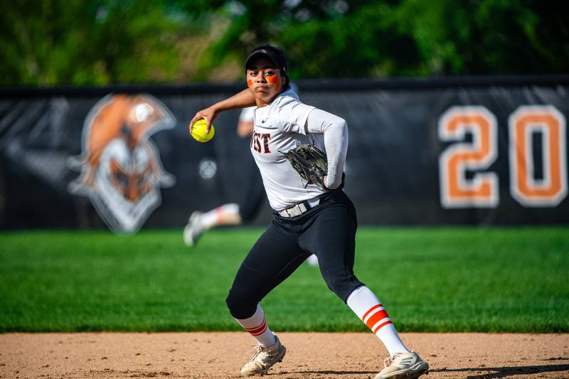 Lincoln-Way West's Olivia Calderone makes a play during  a game against Plainfield Central on Friday May 3, 2024 at Lincoln-Way West in New Lenox