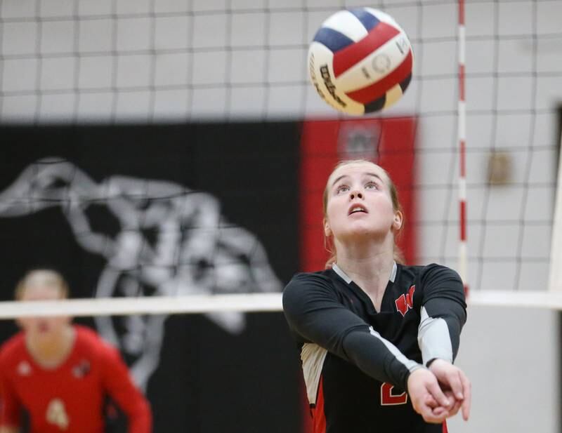 Woodland's Ella Derossett sends the ball back to the Henry side of the net on Thursday, Oct. 3, 2024 at Henry-Senachwine High School.