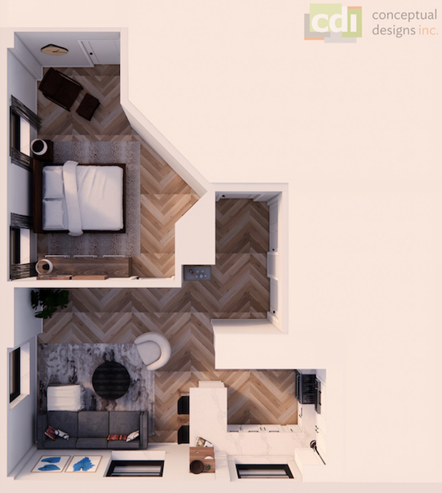 The proposed layout of a one-bedroom apartment in Riverview Lofts in downtown Sterling.