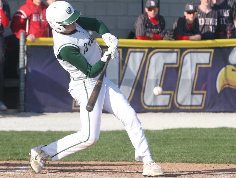 St. Bede's Gino Ferrari makes contact with the ball against Hall on Monday, March 31, 2025 at Schweickert Stadium in Peru.