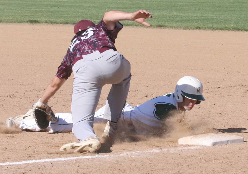 St. Bede's Carson Riva slides under the tag from Princeville's Logan Olshawsky during the Class 1A Regional semifinal game on Friday, May 17, 2024 at St. Bede Academy.