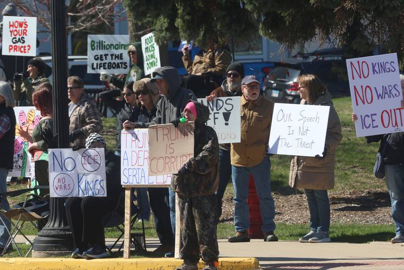 Protesters gather for a No Kings rally on Saturday, March 28, 2026 at Rotary Park in Princeton.