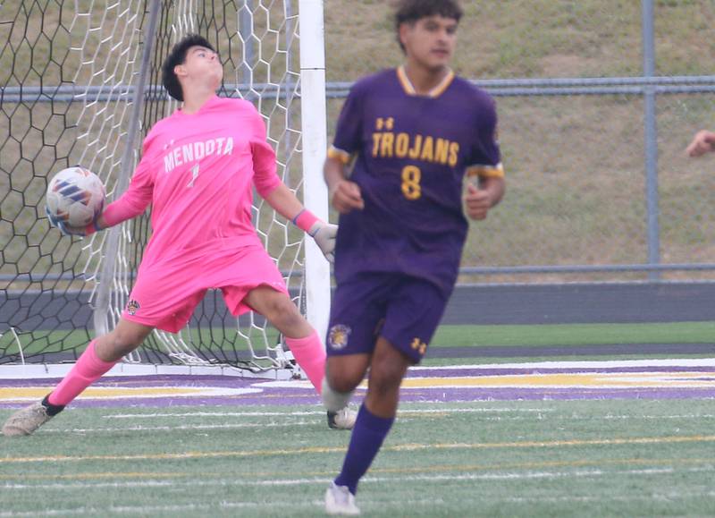Mendota keeper Mateo Goy throws the ball in play as teammate Ramiro Palacios runs down the field while playing Streator on Monday, Sept. 23, 2024 at Mendota High School.