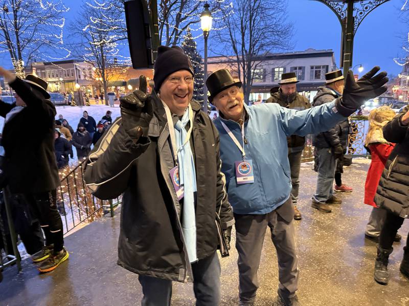 Stephen Tobolowsky, left, who played Ned Ryerson in the "Groundhog Day" movie, appears at the prognostication on Feb. 2, 2026.