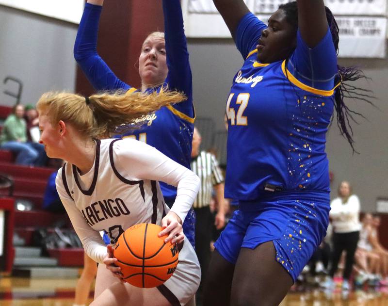 Marengo’s Amber Hagen looks for an option against Johnsburg in varsity girls basketball on Tuesday, Jan. 6, 2026 at Homer “Bill” Barry Gymnasium on the campus of Marengo High School in Marengo.