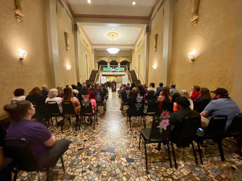 An art display featuring pieces made by survivors of domestic violence and abuse was on display throughout the foyer at the annual Safe Passage Domestic Violence Candlelight Vigil and Survivor Speak-Out inside the Egyptian Theatre, 135 N. Second St. in downtown DeKalb on Monday, Oct. 2, 2023.