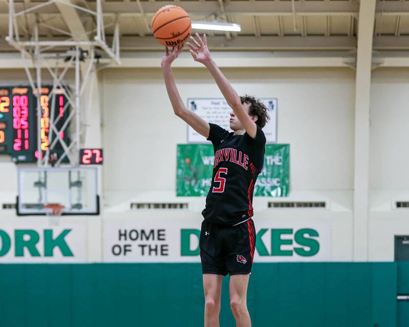 Yorkville's Dj Ingemunson (5) shoots a jumper during their Jack Tosh Holiday Classic basketball tournament game between St Francis at Yorkville Thursday Dec 26, 2024 in Elmhurst.