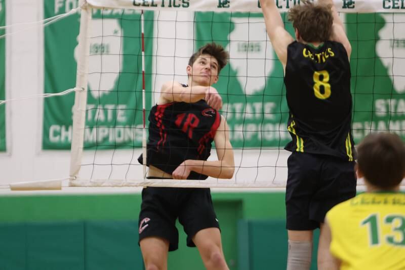 Lincoln-Way Central’s Iain Hillegass powers a shot against Providence. Monday, April 18, 2022, in New Lenox.
