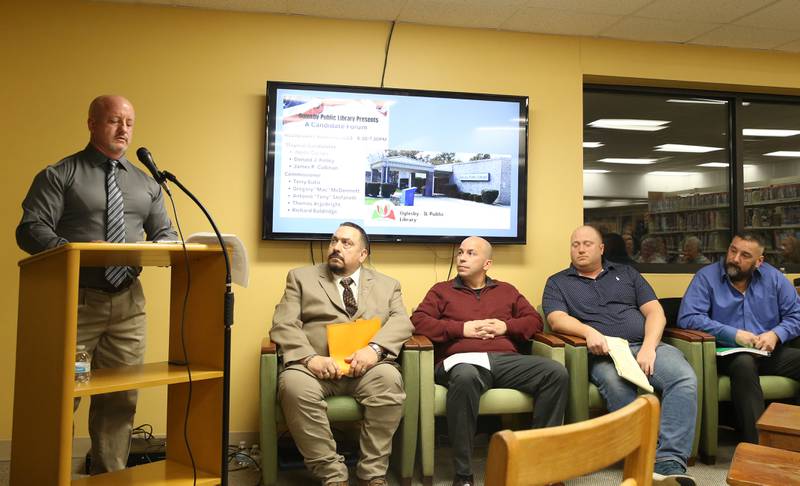 Oglesby commissioner candidates (from left) Terry Eutis, Gregory "Mac" McDermott, Antonio "Tony" Stefanelli, Thomas Argubright and Richard Baldridge attend the mayoral and commissioner candidate forum on Wednesday, March 8,  2023 at the Oglesby Public Library.