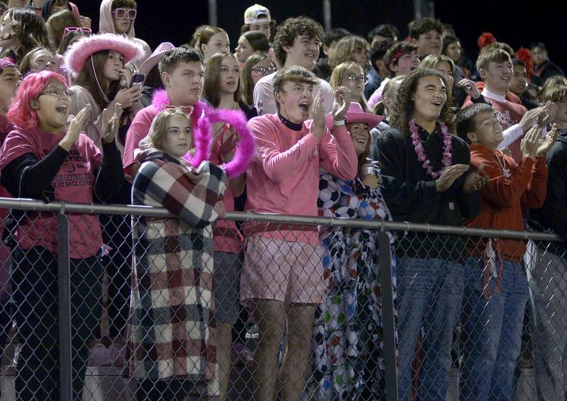 Fans in the Dog Pound cheer on the Bulldogs after making a first down in the 1st quarter Friday against Wilmington at Streator.
