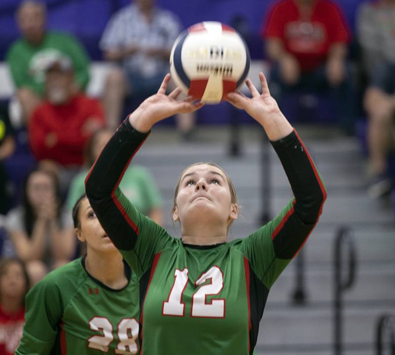 L-P’s Emma Jereb sets the ball against Dixon Tuesday, Oct. 29, 2024, at the class 3A regional semifinal in Dixon.