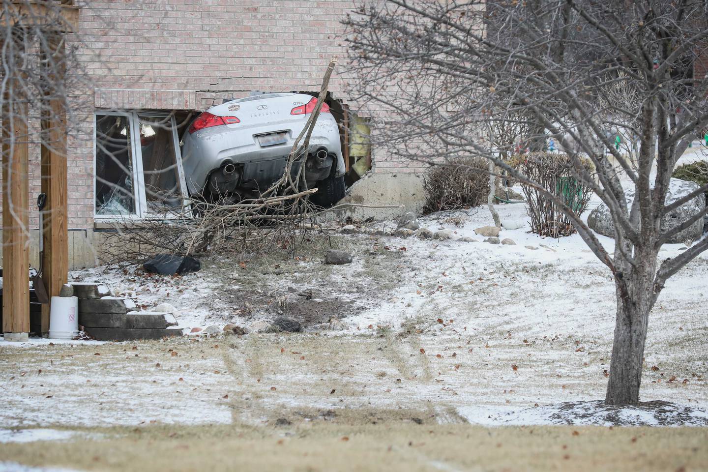 A car ended up almost completely inside a  house following a crash Wednesday, Jan. 22, 2025, on the 400 block of Ridge Court in Lake in the Hills.