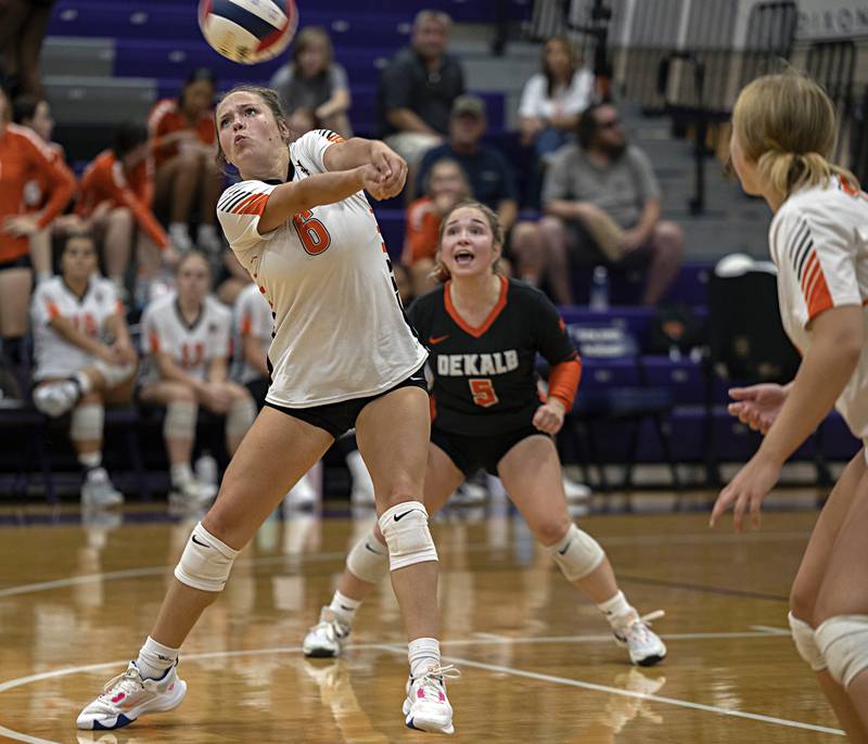 DeKalb’s Adisyn Galijatovic passes the ball against Dixon Tuesday, Sept. 5, 2023 in a game at Dixon High School.