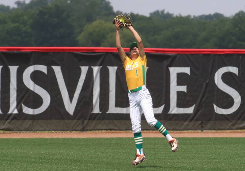 Providence Catholic's Bella Cortes makes a running catch in the outfield against Chatham during the Class 3A State finals game on Saturday, June 14, 2025 at the Louisville Slugger Sports Complex in Peoria.