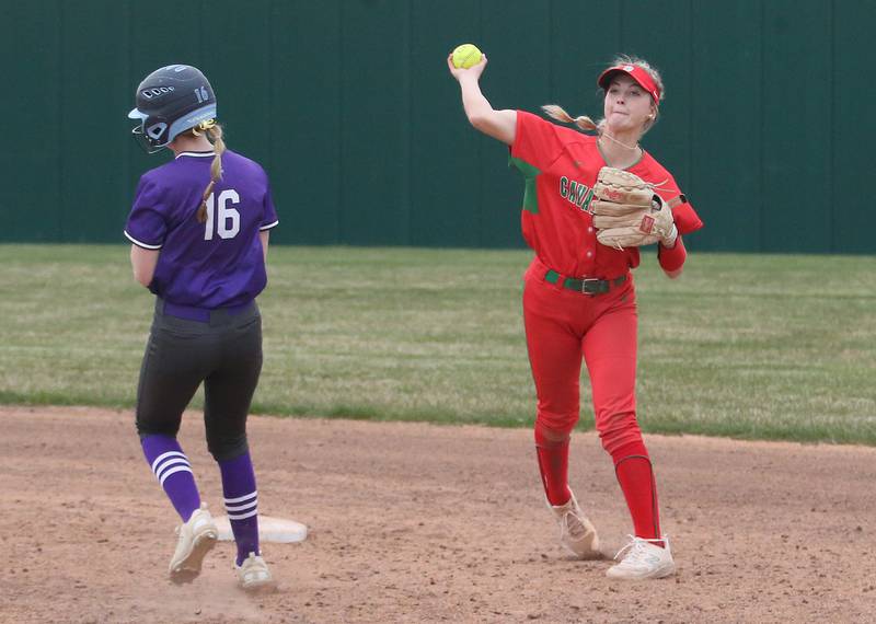 L-P's Taylor Vescogni throws to first base to turn a double play after stepping on the bag to force out Rochelle's Briel Metzger on Wednesday, April 10, 2024 at the L-P Athletic Complex in La Salle.