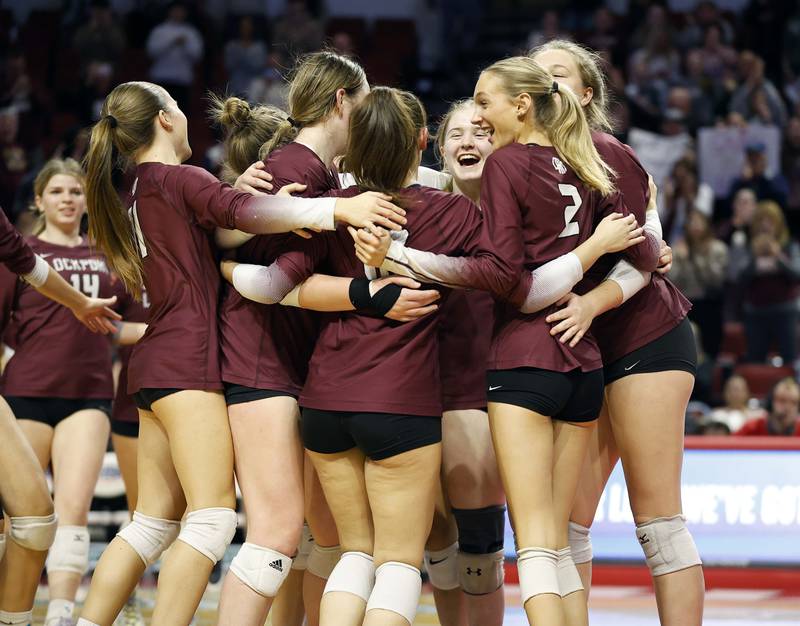 Lockport celebrates their third place win during the IHSA Class 4A girls volleyball third place match Saturday, Nov. 16, 2024 at CEFCU Arena in Normal.