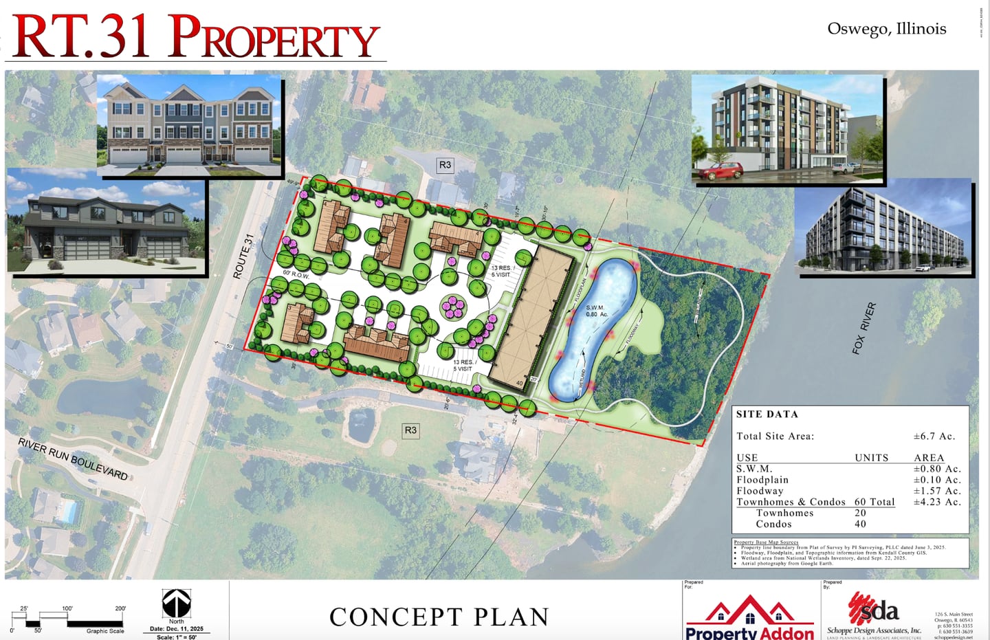 Oswego planning and zoning commissioners will review a concept plan to build 20 townhouses and 40 condominium units on 6.7 acres on the east side of Route 31 just north of River Run Boulevard in Oswego.