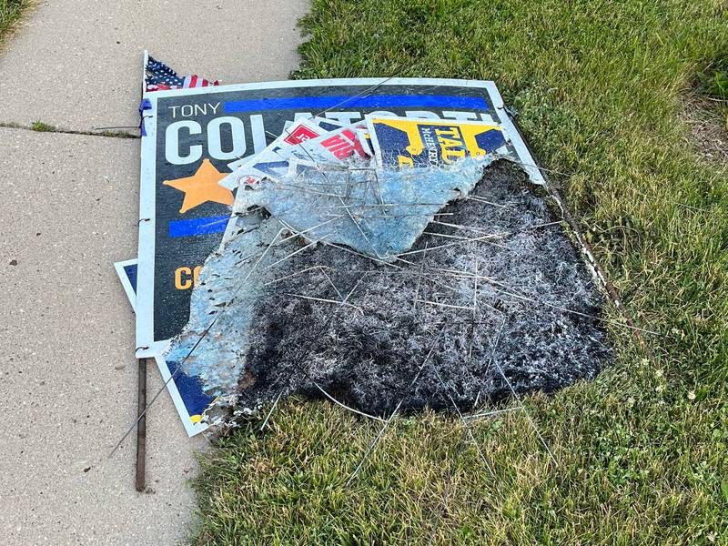 Campaign sign posted at the Salvation Army Crystal Lake Corps Community Center at 290 W. Crystal Lake Ave. and at Veteran’s Acres Park at 431 N. Walkup Ave. were burned Tuesday, June 28, 2022, according to the Crystal Lake Police Department.