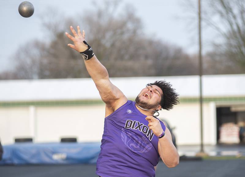 Dixon's Dre Jackson fires the shot Friday, April 22, 2022 at the Rock Falls track invitational.